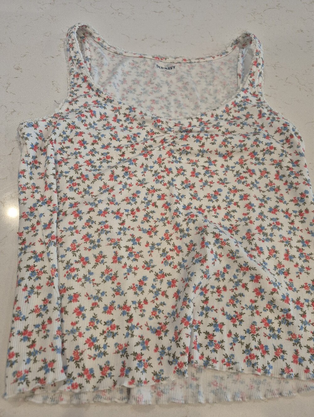 Old Navy White Ribbed Tank with Pink and Blue Floral Print